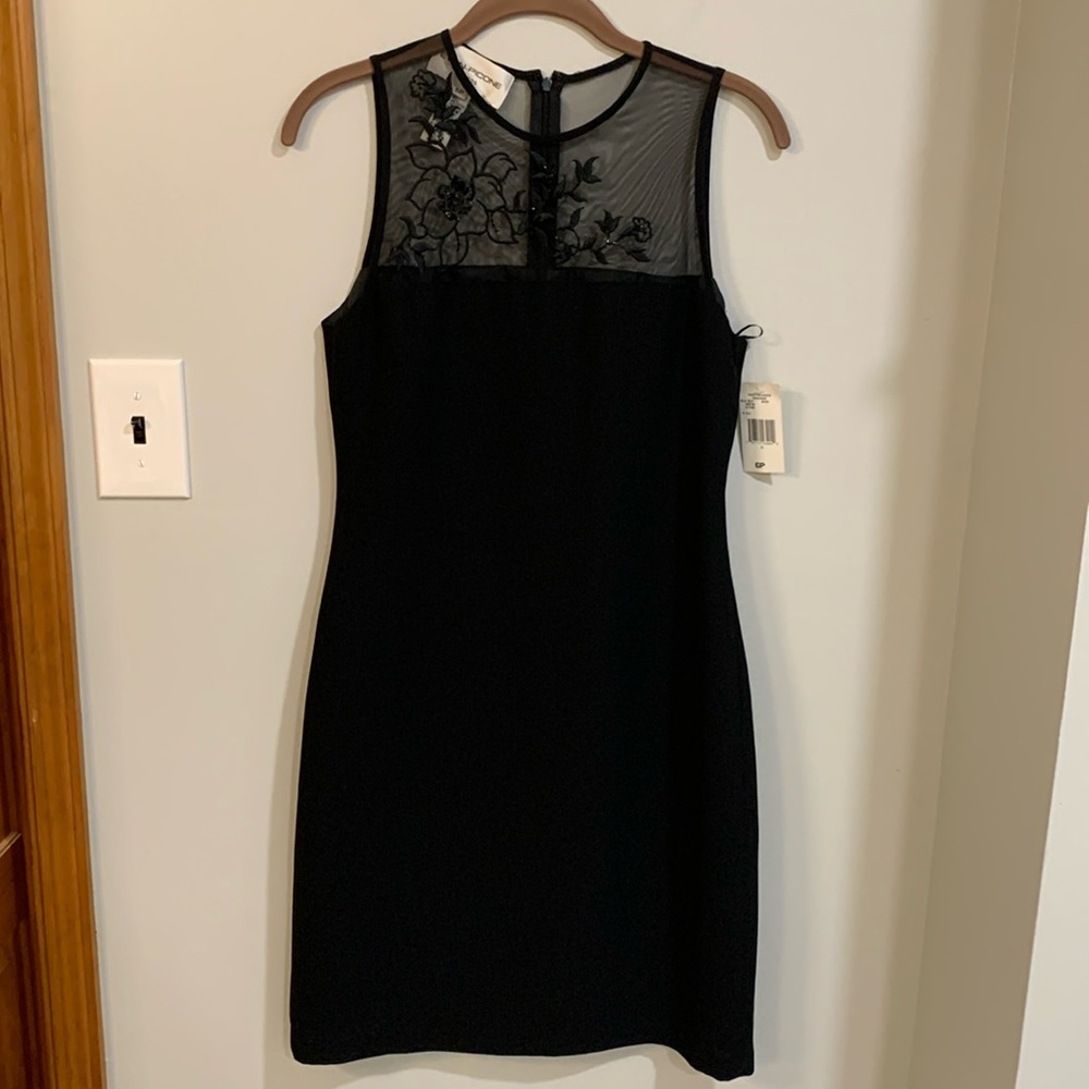 Evan Picone Black Sleeveless Sheath Dress Sheer Floral‎ Mesh Top 6P Petite NWT